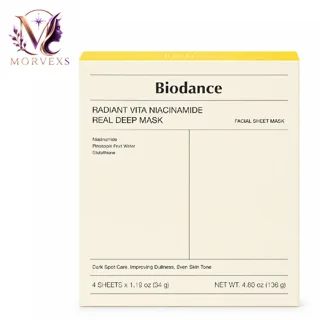عکس ماسک ورقه‌ای بایودنس مدل Radiant Vita Niacinamide Real Deep Mask بسته 4 عددی در Morvexs